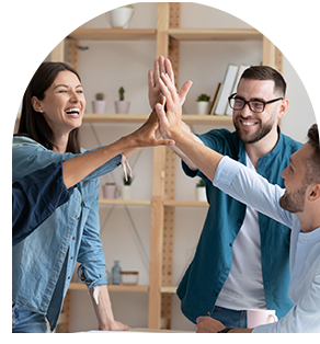 Picture of a small group of people high-fiving each other.